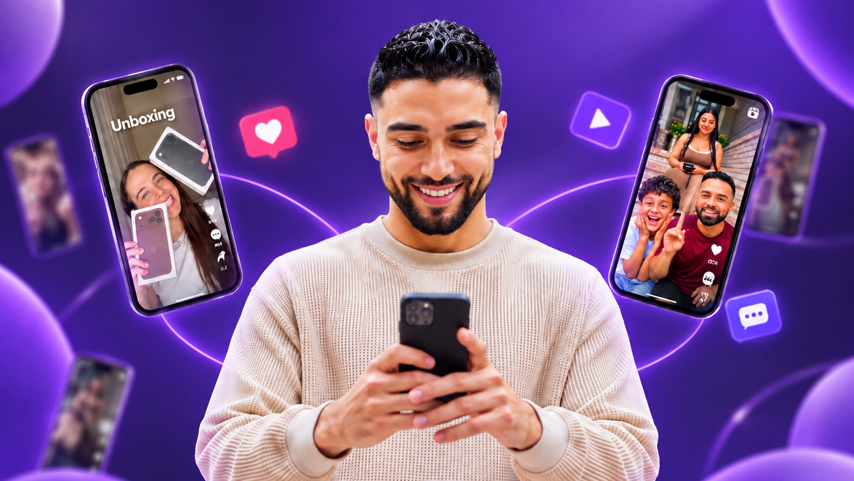 Three people waving toward a smartphone livestream in a purple studio with floating heart reactions